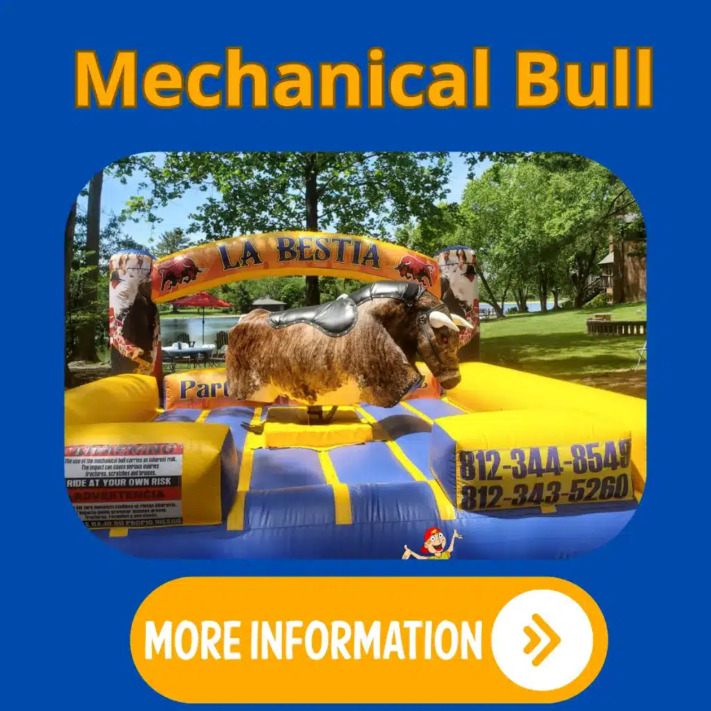 Mechanical bull with an inflatable safety arena for parties and events.