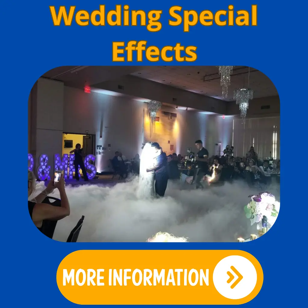 Low-lying fog and cold spark effects surrounding a couple during their wedding dance.