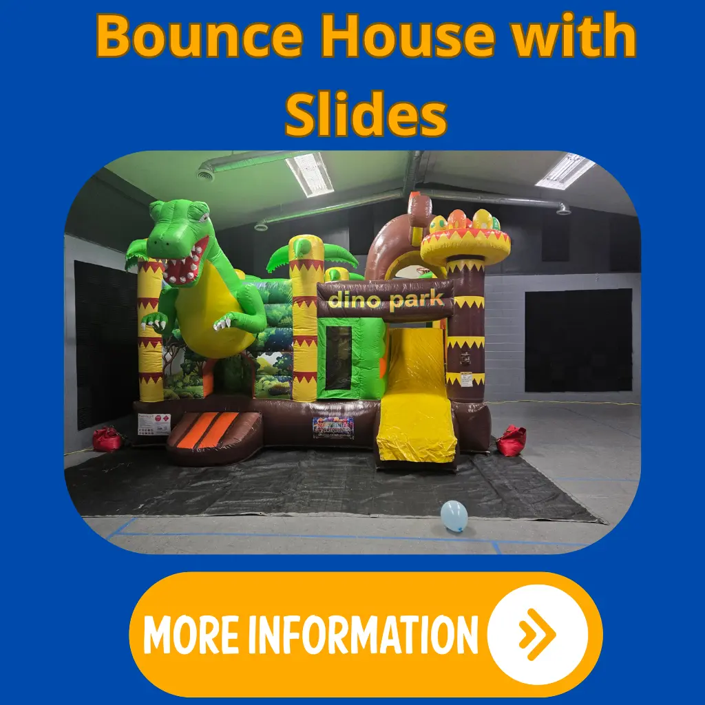Inflatable bounce house with an attached slide for children’s parties and events.