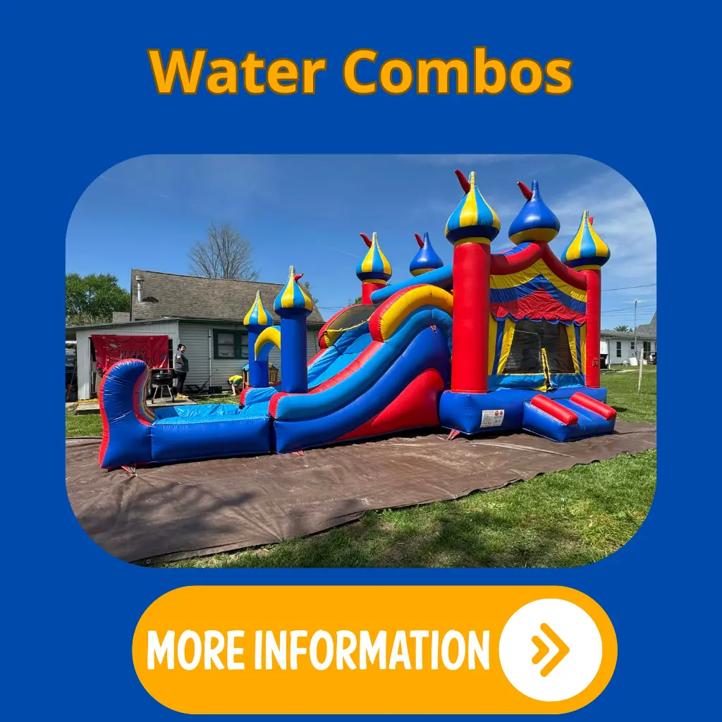 Inflatable bounce house with an attached water slide and splash pool.