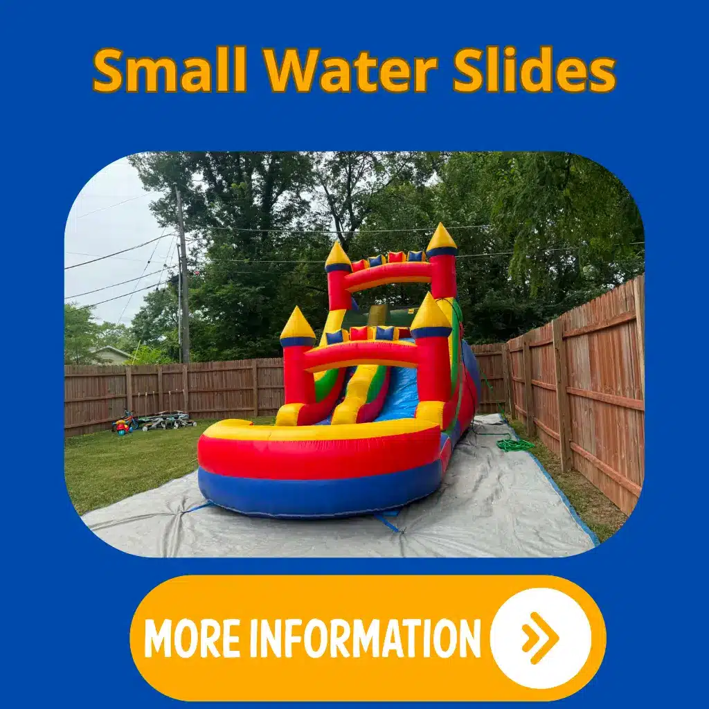 Small inflatable water slide with a splash pool for children’s summer parties.