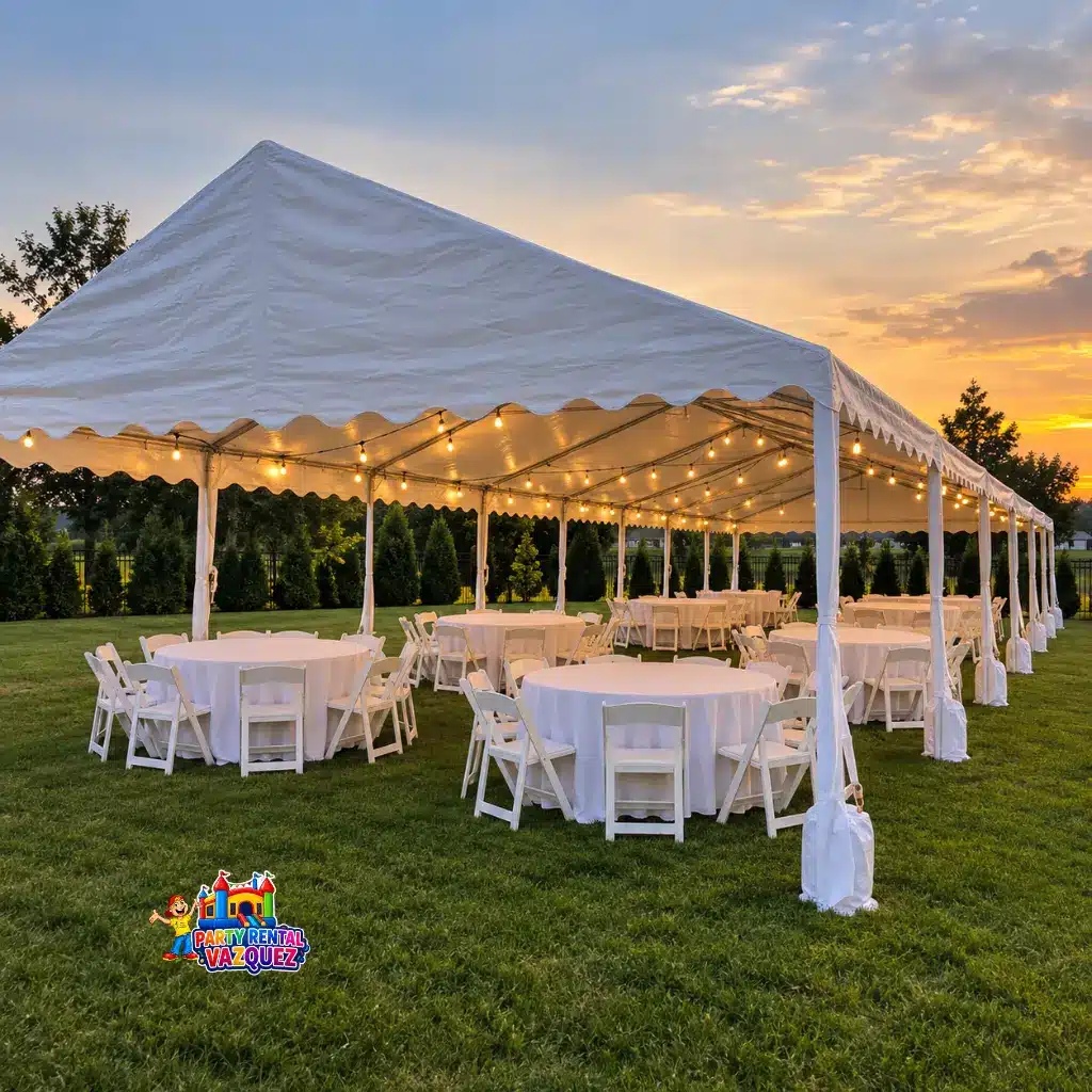 White 20x40 PVC wedding tent with warm string lights, 8 round tables with white tablecloths, and 64 white resin chairs on a beautiful green lawn in Columbus, Indiana.