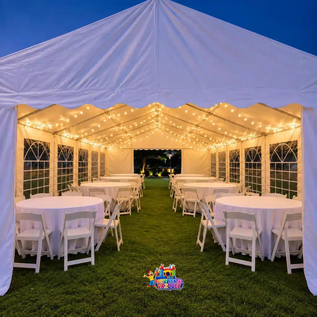 20x40 premium white PVC wedding tent featuring warm string lights, 8 round tables with white linens and 64 white resin chairs for an outdoor wedding in Columbus, Indiana.