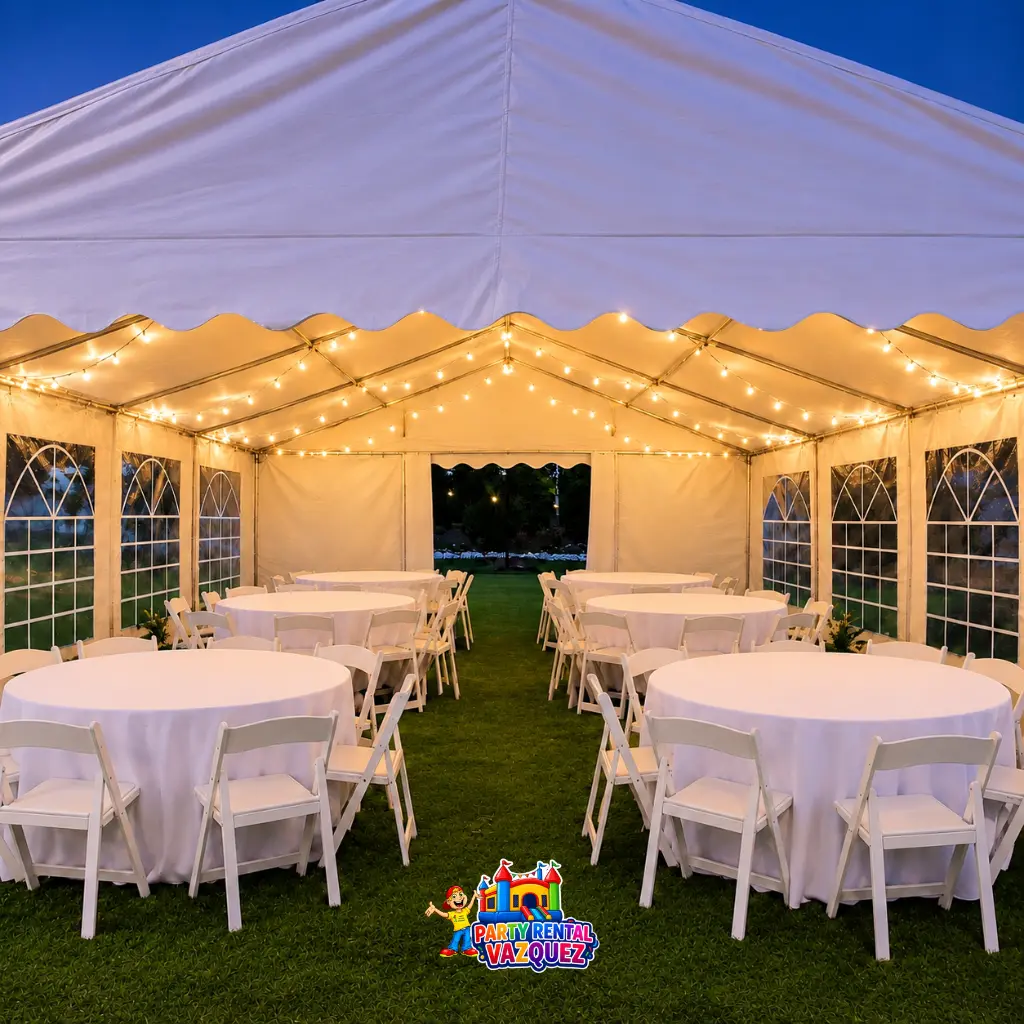 20x32 white PVC wedding tent with string lights, 6 round tables, white tablecloths and 48 white resin chairs set up on grass in Columbus, Indiana.
