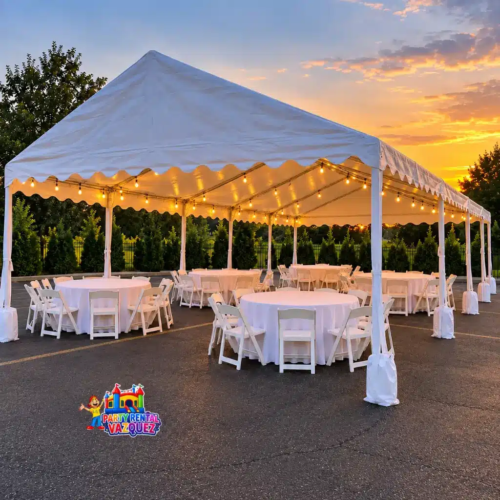 20x32 white event tent installed on concrete with round tables, white chairs, and string lights in Columbus, Indiana.