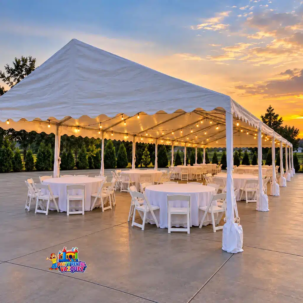20x40 white event tent installed on concrete or asphalt with round tables, white chairs, and string lights in Columbus, Indiana.