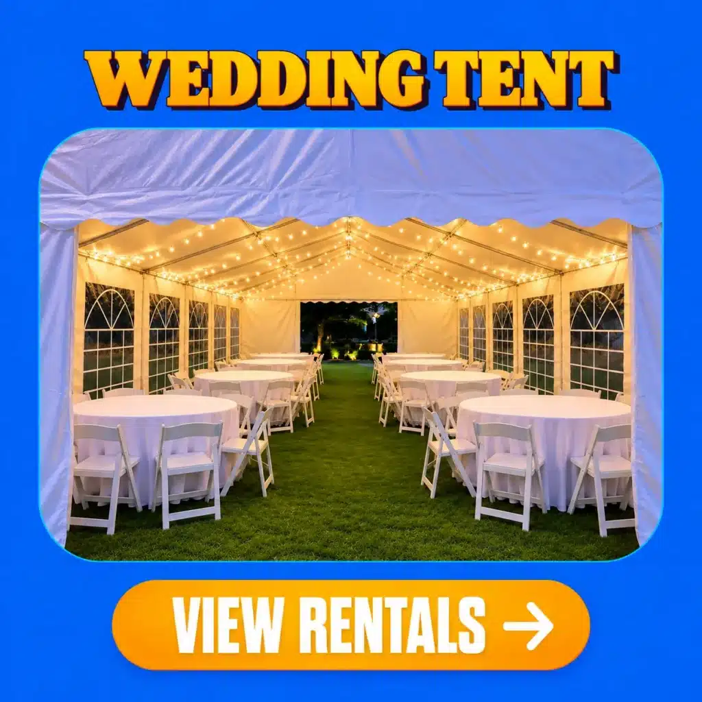 Elegant white wedding tent rental with round tables, white linens, resin chairs and warm string lighting for outdoor celebrations in Columbus, Indiana.